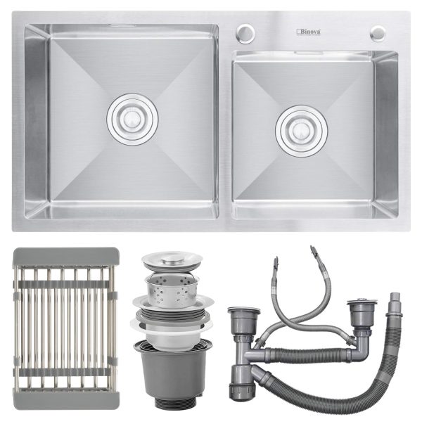 Chậu rửa chén Inox 304 BINOVA CBI-7843 | 2 hố lệch + rổ kéo, dày 1.2mm | Kích thước 780x430x230mm, cắt đá 750x400mm 2 chau rua bat binova cbi 7843 1