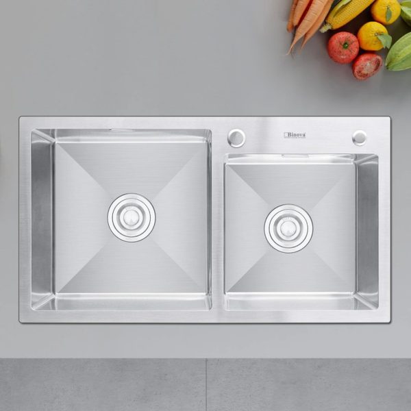 Chậu rửa chén Inox 304 BINOVA CBI-7843 | 2 hố lệch + rổ kéo, dày 1.2mm | Kích thước 780x430x230mm, cắt đá 750x400mm 1 chau rua bat binova cbi 7843 4
