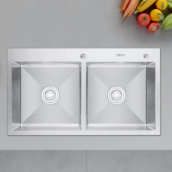 Chậu rửa chén Inox 304 BINOVA CBI-8245 | 2 hố lệch + rổ kéo, dày 1.2mm | Kích thước 820x450x230mm, cắt đá 790x420mm 1 chau rua bat binova cbi 8245 4